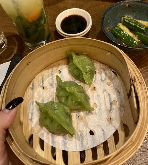 Leek & mushroom dumplings and chilli cucumber   at Ping Pong Dim Sum in London