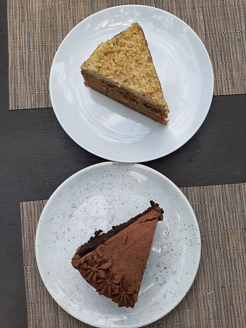 Vegan sugar-free carrot cake and vegan chocolate cake at Corner Tree Cafe in Makati