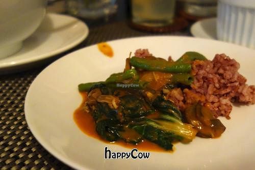 Kare-Kareng Gulay - A traditional Filipino stew made with fresh veggies, a tasty organic peanut sauce, served with organic red rice and vegan bagoong. at Corner Tree Cafe in Makati