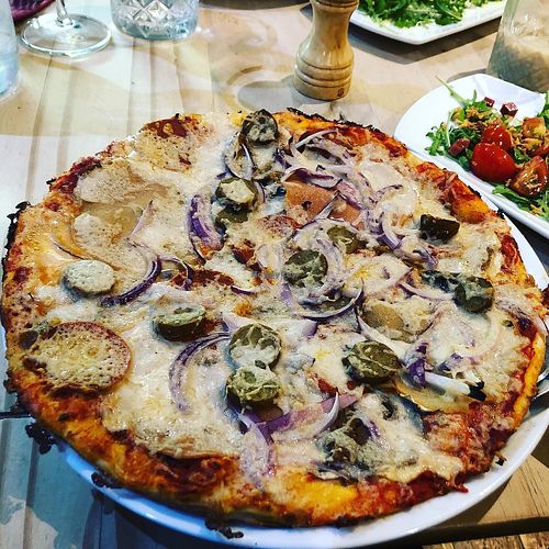 “Meat” festival vegan pizza with vegan mock meat variations   at Sora Lella Roman Vegan Restaurant in Edinburgh