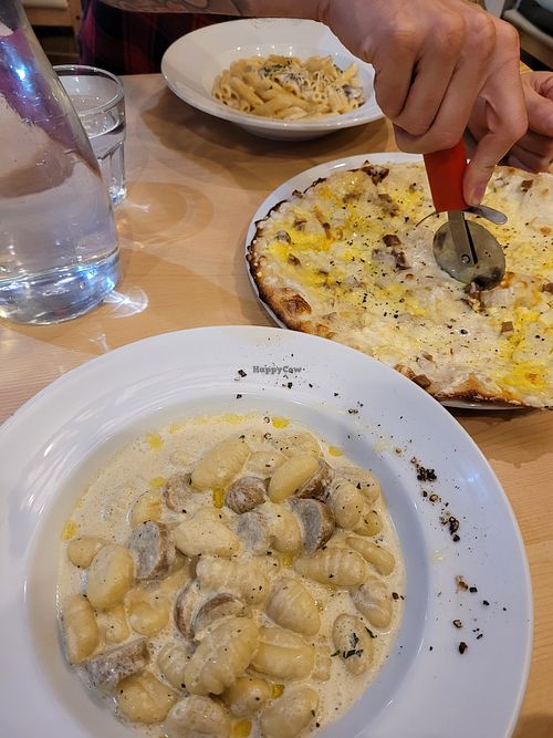 Top: Penne Quattro Formaggi, Middle: Pizza Carbonara,  Bottom: Gnocchi Tartufata at Sora Lella Roman Vegan Restaurant in Edinburgh