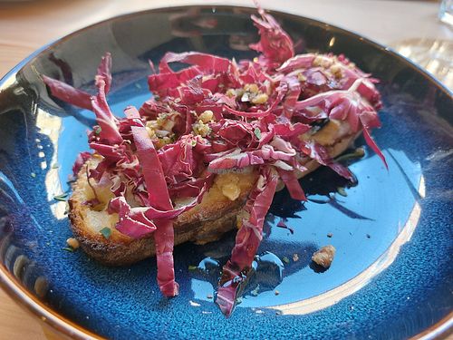 Bruschetta with cheese and raddichio at Sora Lella Roman Vegan Restaurant in Edinburgh