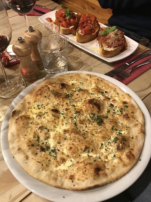 Bruschetta trio and garlic focaccia at Sora Lella Roman Vegan Restaurant in Edinburgh