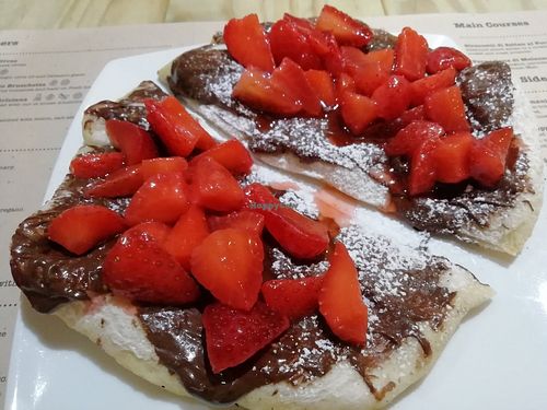 Dessert: Focaccia topped with strawberries & chocolate at Sora Lella Roman Vegan Restaurant in Edinburgh