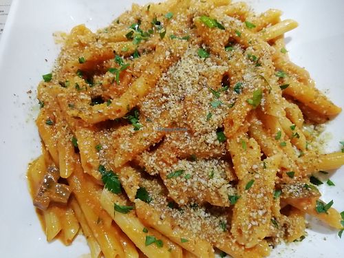 Pasta with seitan and creamy vodka sauce at Sora Lella Roman Vegan Restaurant in Edinburgh