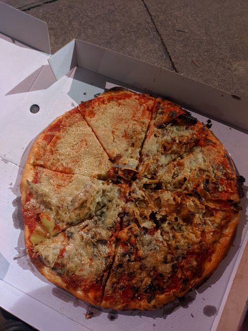 Half of the pizza missing toppings. Extremely greasy and oily throughout at Sora Lella Roman Vegan Restaurant in Edinburgh