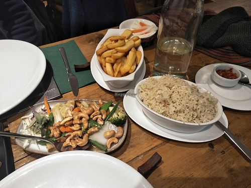 Chips, ginger fried rice, mixed veg with cashews. at Ruyi Vegetarian House  in Manchester