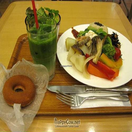 Veggie plate, salad, soy milk & kale drink, donut-NB: Photos for Dorobushi Kitchen, in B1F of FANCL Building, & more casual than Dorobushi on 8-9F at Dorobushi in Tokyo