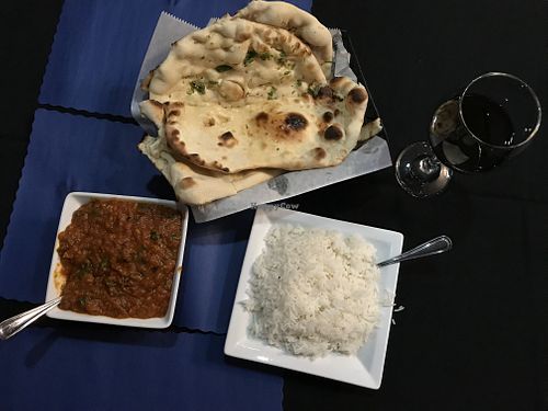 eggplant and rice with naan  at Nawab in Charleston