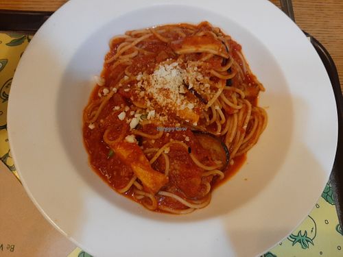Tomato basil pasta at Loving Hut Cafe in Seoul