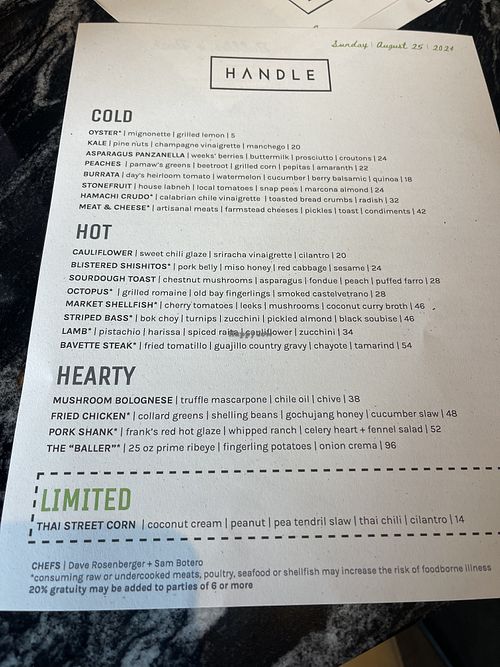 Menú 8/25/24 (changes daily)  at Handle in Park City
