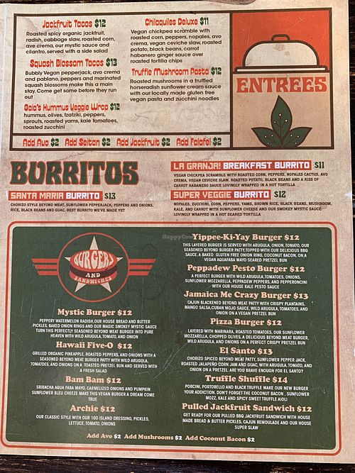 Menu at EVE in Oceanside