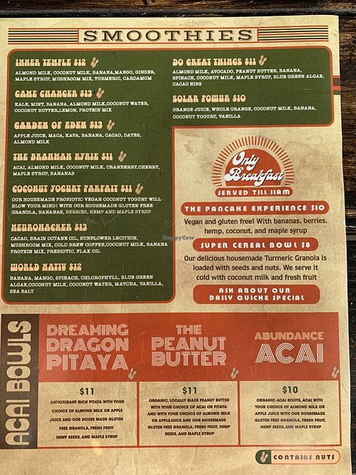 Menu at EVE in Oceanside