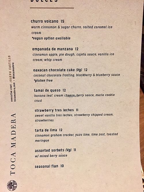 Note multiple vegan options on desert menu at Toca Madera in Scottsdale