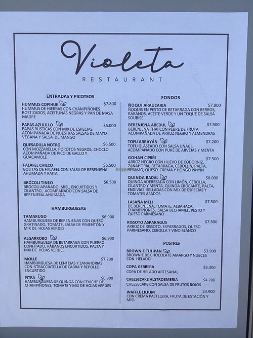 Menu at Violeta in Santiago