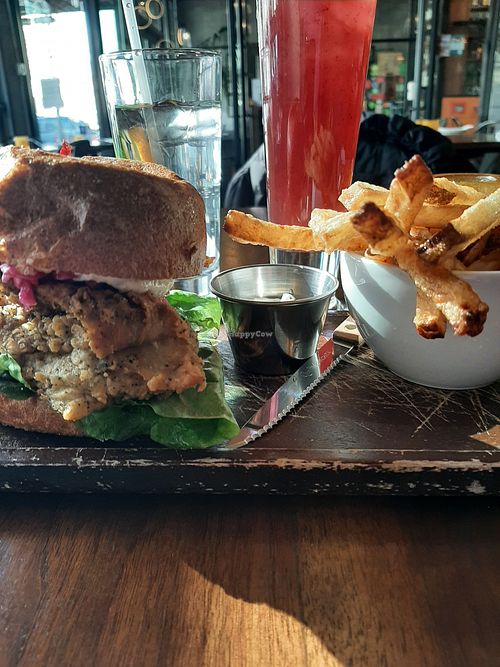 Fried Chick'n Burger with Fries & Blueberry Lemonade at Plum Bistro in Seattle