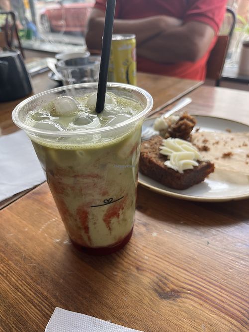 Iced oat strawberry match and carrot cake  at Warwick Street Kitchen in Leamington Spa
