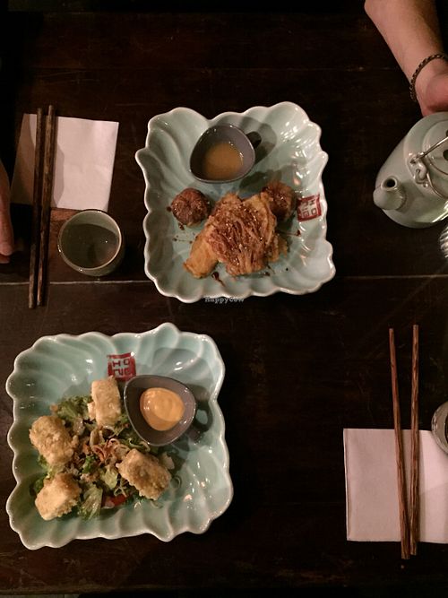 Green rice tofu and fried mushrooms  at Top Tep - Modern Vietnamese Kitchen & Bar in Berlin