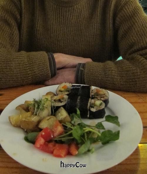 Sushi, potatoes, and salad. We ate the soup before we could take a photo! at de Peper in Amsterdam