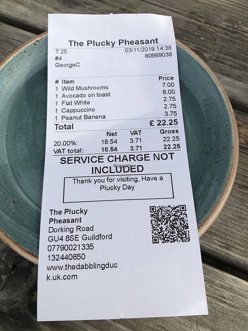 Happy to add a tip for great service  at The Plucky Pheasant in Guildford