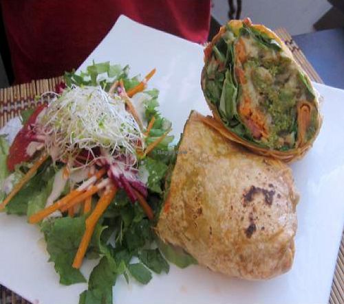 The Veggie Hummus Wrap is one of my favorite dishes at Mantras. at Mantras Veggie Cafe and Tea House in San Jose