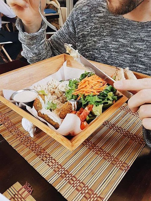 Vegan falafel bowl with brown rice  at Mantras Veggie Cafe and Tea House in San Jose