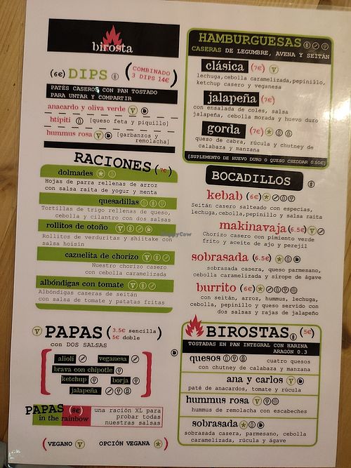 Menu at Birosta in Zaragoza