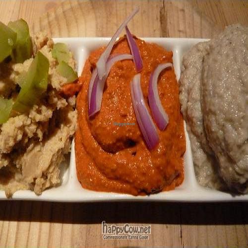 Hummus, red pepper with hazelnut, and babaganoush dips. at Birosta in Zaragoza