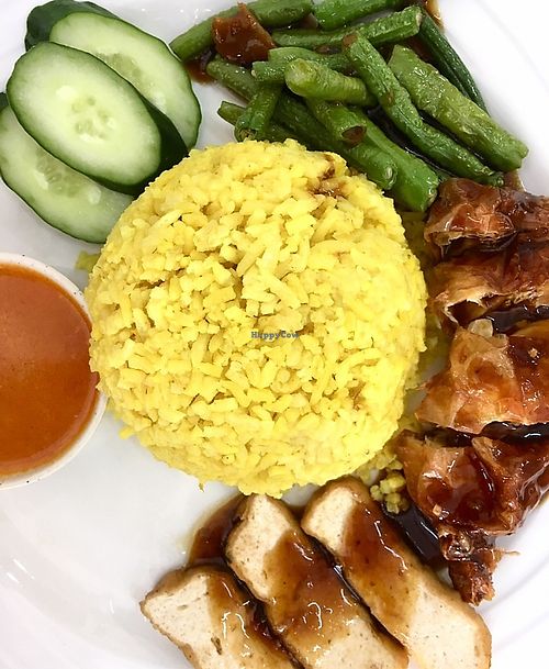 Vegetarian chicken and turmeric rice at Hui Yuan in Malacca