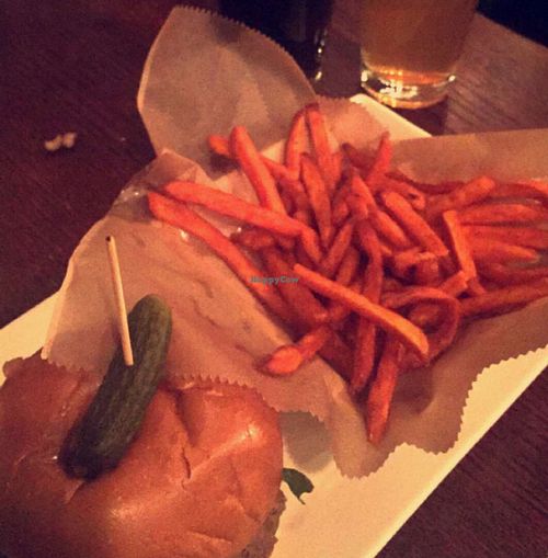 vegan burger and sweet potato fries  at Busboys and Poets - Mount Vernon Triangle in Washington