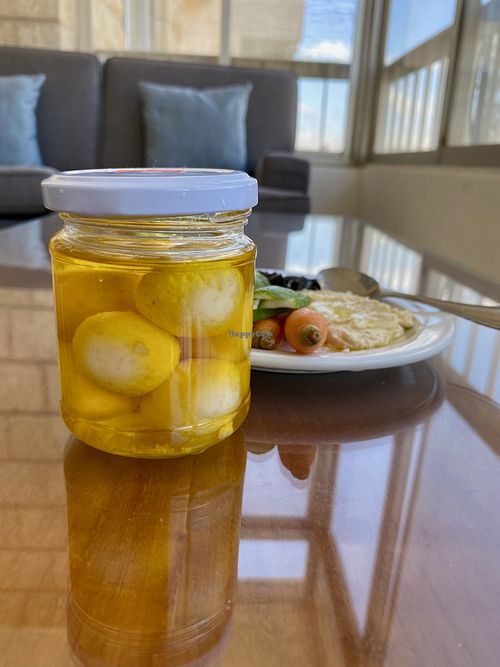 A jar of their vegan labneh, which is made from fermented bulgur.  at Kawon once upon a time in Madaba