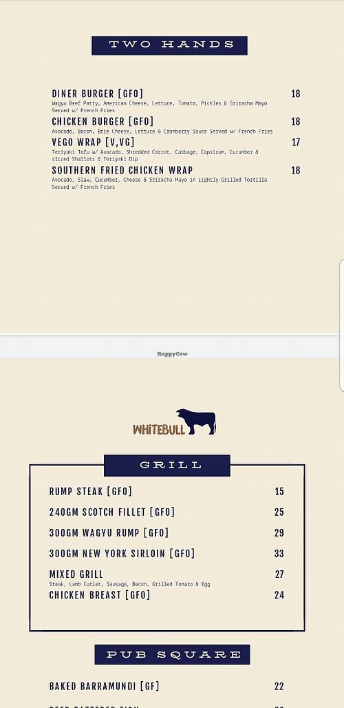 Menu at The White Bull  in Armidale