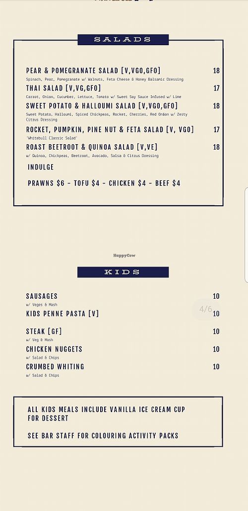 Menu at The White Bull  in Armidale