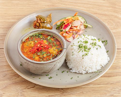 Butternut Squash, Sweet Potato and Chickpeas Curry
Earthy, sweet, and spicy. A perfect pairing of butternut squash and chickepeas. Served with rice, pickle, and salad.

Vegan - Gluten Free
 at Dapur Malaysia in Leeds