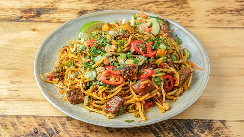 Vegan Mamak Fried Noodles

Malaysian  style noodles. Spicy, tangy, and sweet, quite unique and simply delicious. With Fried Tofu and Vegan Chicken Chunks.  at Dapur Malaysia in Leeds