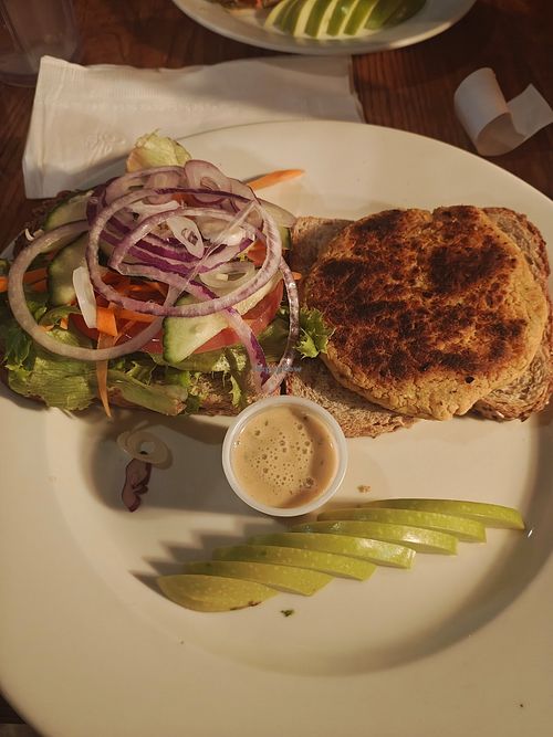 Vegan veggie burger at Waterwheel Cafe in Milford