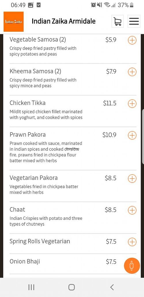 Menu at Indian Zaika in Armidale