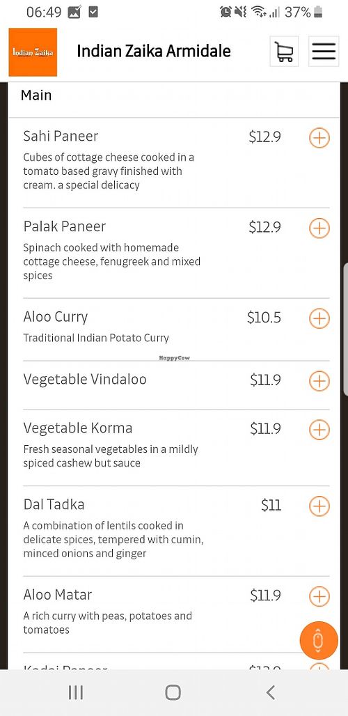 Menu at Indian Zaika in Armidale