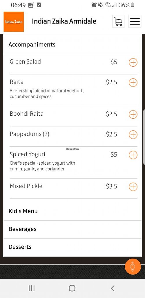 Menu at Indian Zaika in Armidale