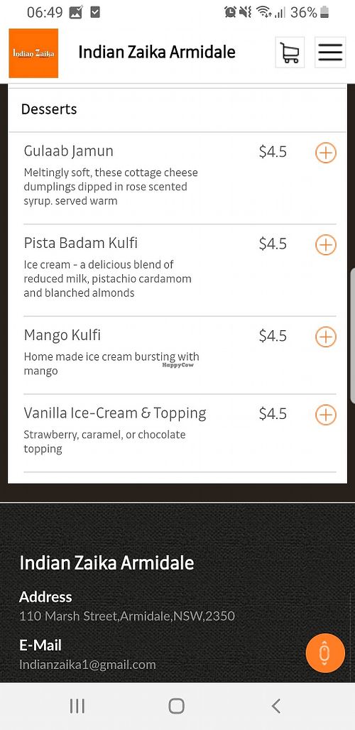 Menu at Indian Zaika in Armidale