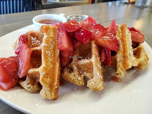 Waffle with strawberries at Sunflower Diner in Asheville