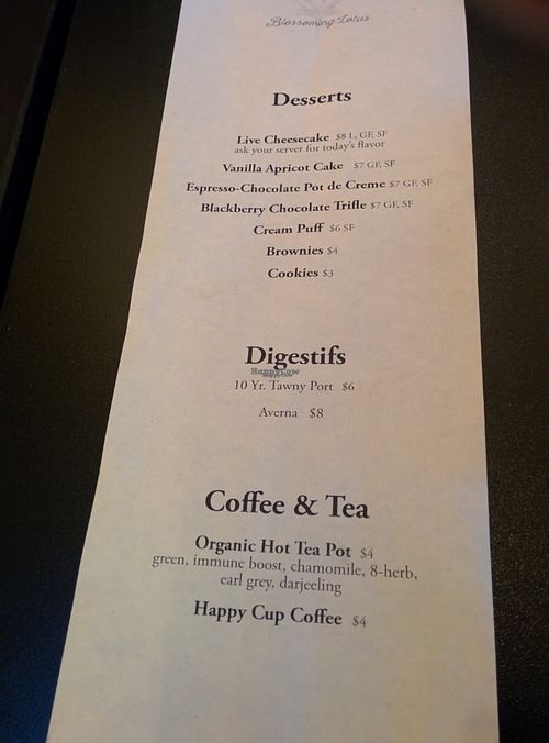 Dessert menu at Blossoming Lotus - Irvington in Portland