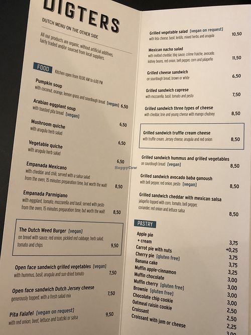 Menu 21-12-2019, the muffin cherry and cherry pie are vegan at Digters in Rotterdam
