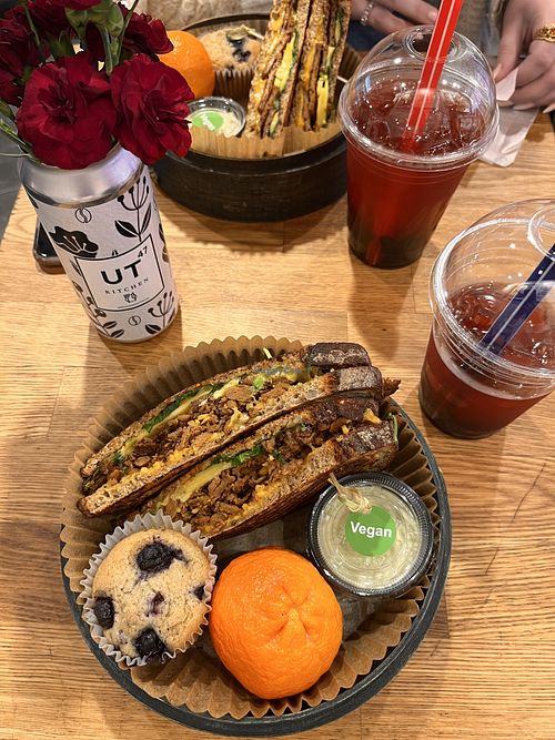 Vegan chicken sandwich and BLT with pomegranate bubble tea!! Everything was amazing. And the blueberry muffin was delicious😄 at UT47 Manhattan in New York City