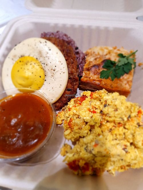 Tofu scramble, tofu egg, potato gratin, vege burger at Peace Cafe - Shibuya Scramble Square in Tokyo