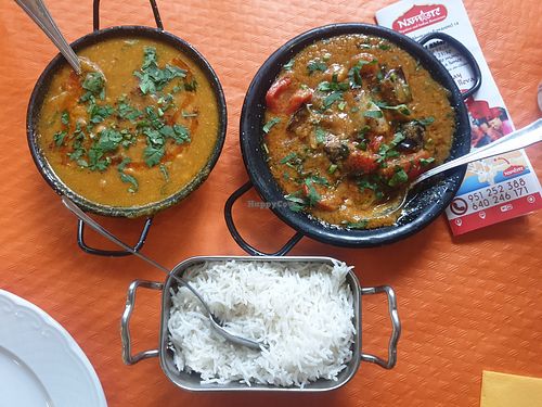 Dhal tadka, aubergine & pepper curry and plain rice at Namaste Nepalese and Indian in Nerja