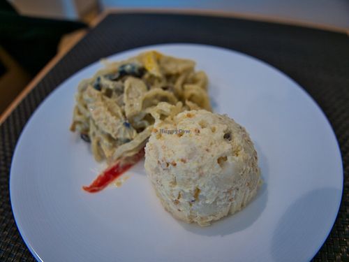 Some kind of asian noodle salad and potato salad. at Upgrade Plant Based Kitchen in Osaka