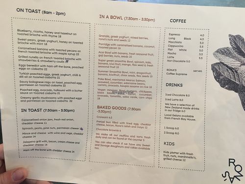 Menu at Rona's Cafe in Akaroa