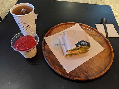 Vegan sandwich, vegan yogurt, and herbal tea ay Dr. Smoof at Dr Smood in New York City