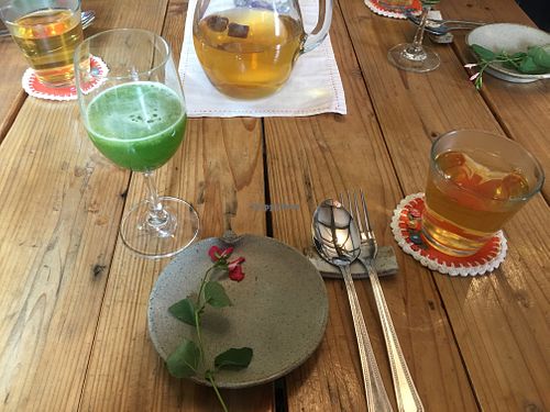 Clover and apple juice. Complimentary Solomon’s seal tea.  at Jag Eunbueok 작은부엌 in Jeju